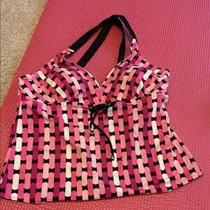 Fashion Bug Pink Black Halter Tie Front Swim Tank